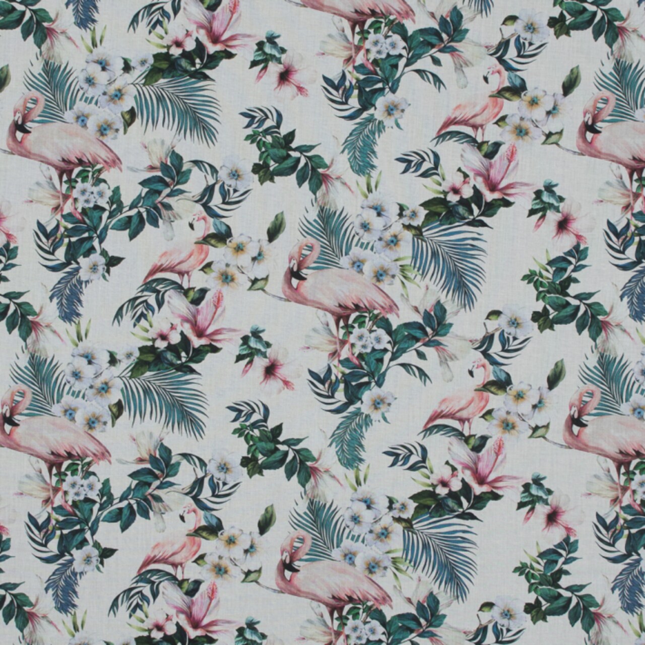 1 Yard Cotton Voile White Flamingos and Leaves Balance of Unity Print Fabric